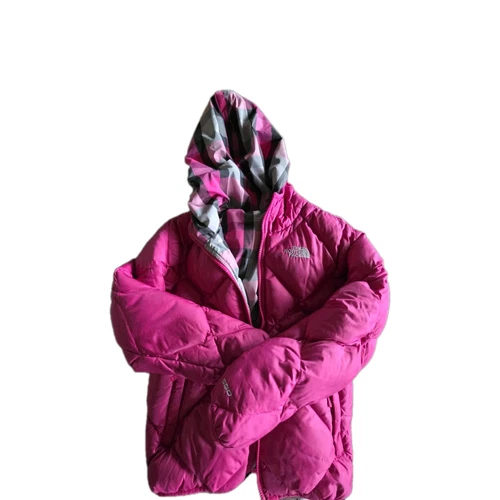 The North Face 550 Puffer Jacket Pink Check Reversible Hooded Yth Girls 10 12