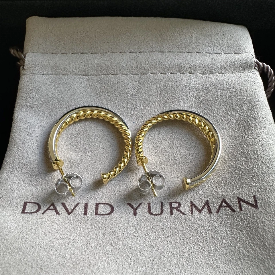 DAVID YURMAN Sterling Silver & 18 K Gold CROSSOVER CABLE HOOP EARRINGS - Image 4 of 4