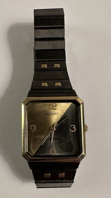 Seiko Black Gold Rectangular Dial Watch not Working No Crystal Parts Repair