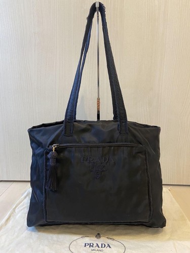 Prada Tote Bag Nylon Black Leather Fringe Logo Embroidered Shoulder