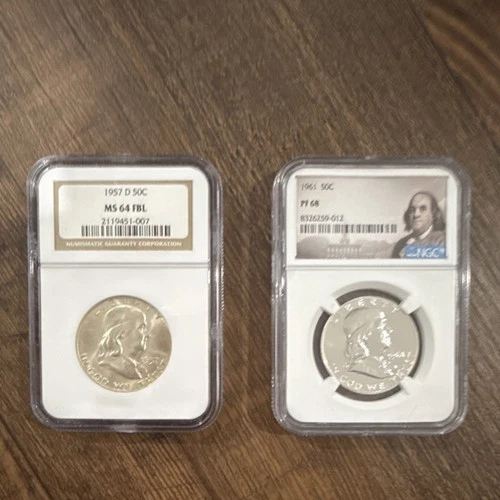 Franklin Half Dollars 1957-D MS64 FBL NGC & 1961 Proof PR68 NGC Silver