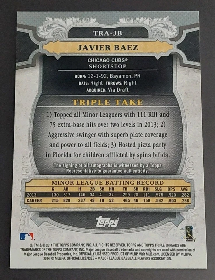 2014 Topps Triple Threads Javier Baez #TRA-JB Rookie RC AUTO Autograph #d 56/100 - Image 2 of 2