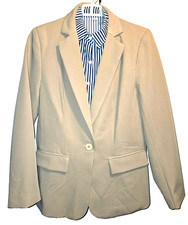 NEW womens business casual beige blazer and blue white pin stripe shirt set M