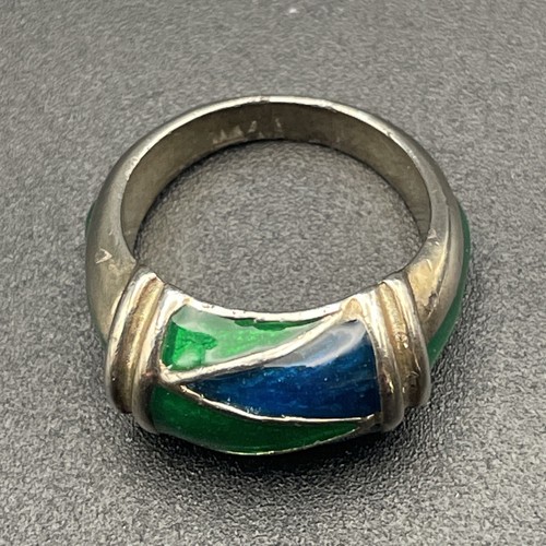 Vintage Silver Tone Green & Blue Enamel Dome Ring - Size 6.25 - Picture 6 of 8