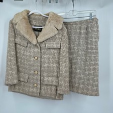 Neiman Marcus Womens Vintage 60s Tweed Skirt Suit Sz L Faux Fur Collar Old Money