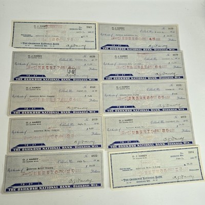 Vintage lot of Ten Cancelled Checks 1943 Oshkosh Wisconsin Automotive Related