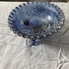 Vtg Smith Colonial Blue Carnival Roses Glass Bowl Footed