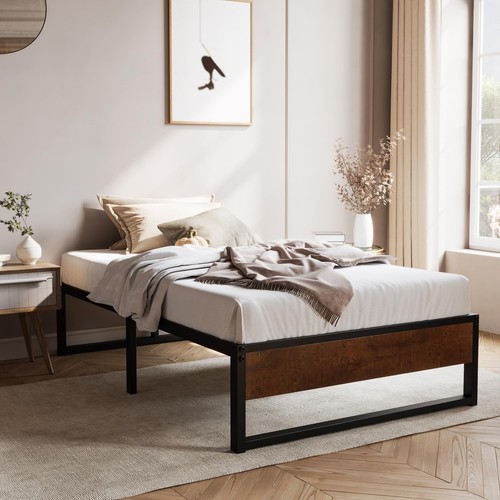 14'' Twin Size Metal Platform Bed Frame with Rustic Wood & Reverse Holes/Ampl...