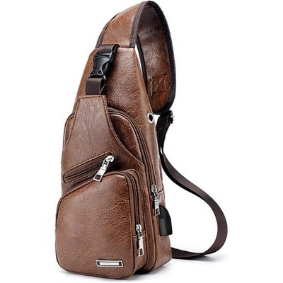 Men's Brown Crossbody Sling Bag with USB Charging Port, Waterproof