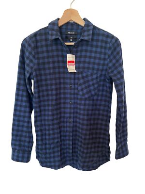 Madewell Blue, Black Long Sleeve Plaid Flannel Slim Button Up