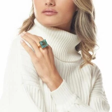 Kenneth Jay Lane Gold Plated Aqua Blue Glass Crystal Adjustable Ring 5-9