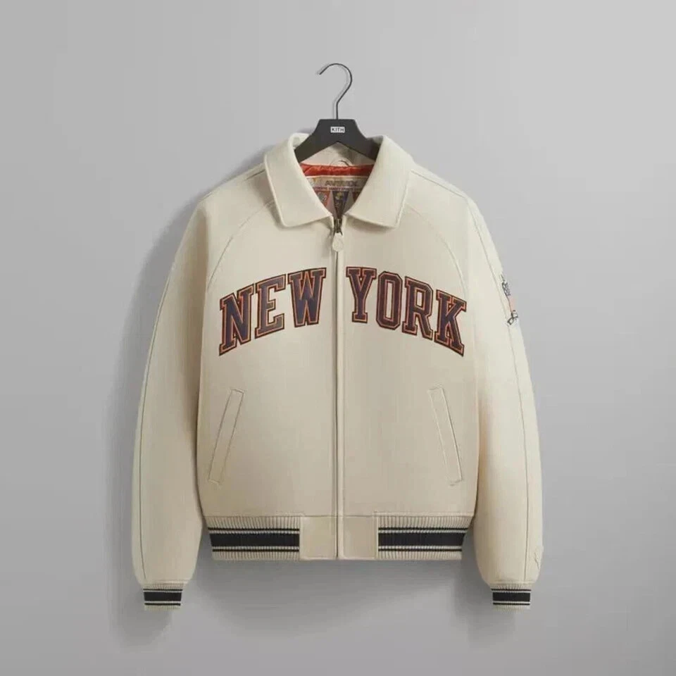 Hombres Avirex X Kith Knicks Bombardero Cuero Real Chaqueta Universitaria Nueva York Abrigo Crema Foto 2 de 4