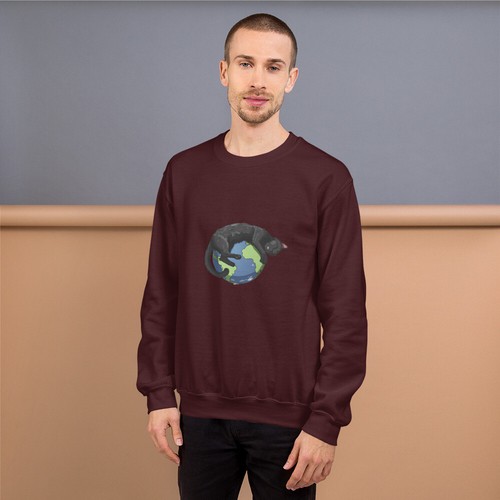 Black cat sleeping on earth graphic print Unisex Sweatshirt cats mens' sizing - Picture 6 of 20