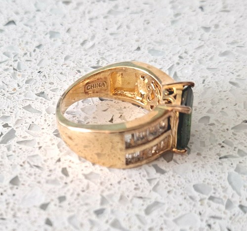 Estate Find Size 5 3/4 HT 925 China Ring Unknown Green & Clear Stones Gold Tone - Picture 3 of 5