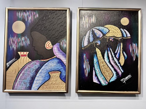 MOBASSI AFRICAN AMERICAN WOMENS ORIGINAL OIL ON CANVAS PAINTING LOT OF 2 16”x12