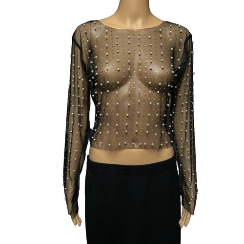 Sheer Beaded Top Faux Pearl Rhinestones Black Stretch Mesh Pullover Blouse - Picture 5 of 5