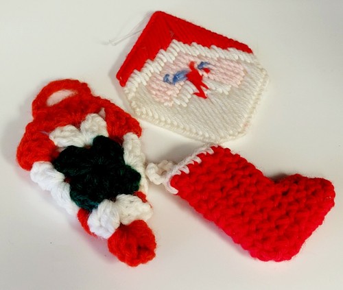Vtg Knitted Christmas Ornaments Set of 3 Hand Crafted Santa, Boots, Candy Cone - Picture 5 of 12