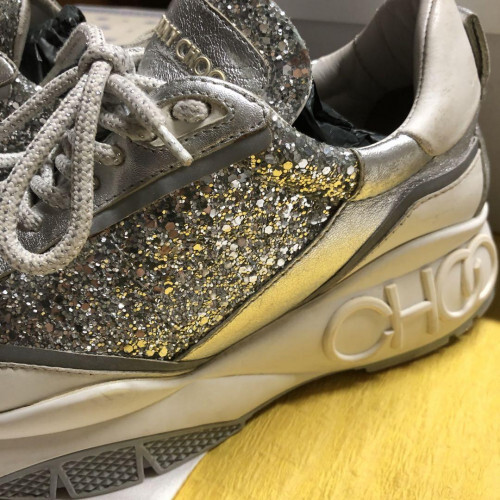 JIMMY CHOO diamond sneakers Size 6 Silver leather RAINE glitter low cut From JP - Picture 6 of 12