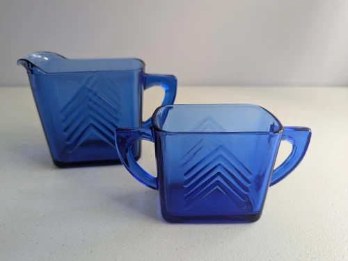 Chevron Cobalt Blue Creamer Pitcher & Sugar Hazel Atlas Depression Glass MCM