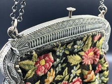 Old French Chatelaine Evening Purse Bag Sterling Silver Frame Petit Point c.1920