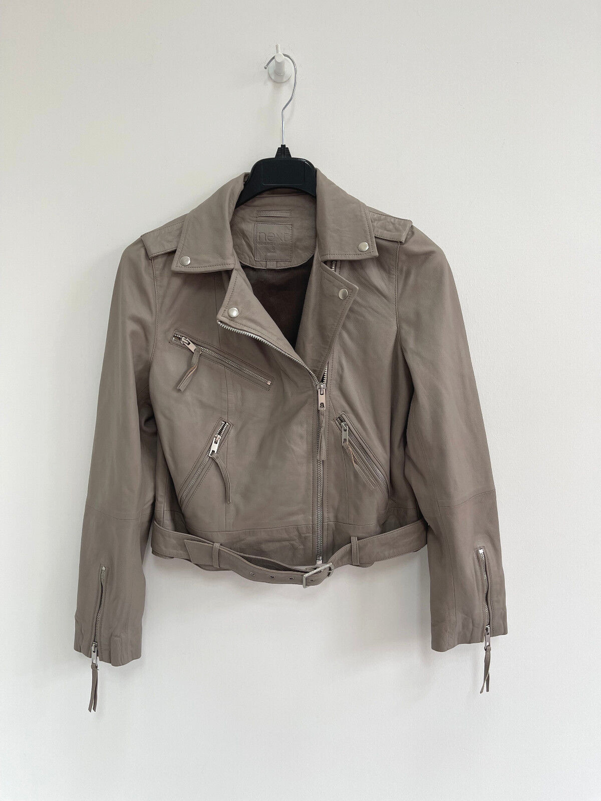 Next Real Leather Biker Jacket Grey Biker UK 12 💖 NEW