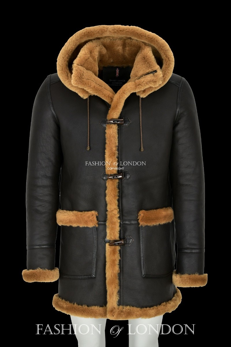 Men's Sheepskin Duffle Coat Brown Fur Hooded Natural Shearling Fur Winters  Coat