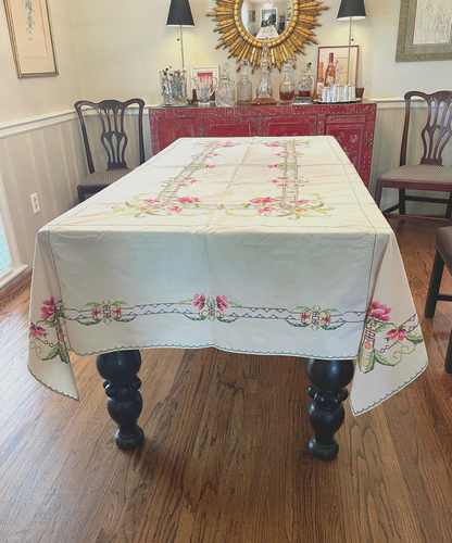 VTG EXCEL GORGEOUS HAND SEWN CROSS STITCH TABLECLOTH ROSES ON TRELLIS 8'4"X5'4" - Picture 12 of 22