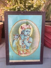 Antique Hindu God Vishva Mohan Krishna Pooja Religious Print Framed 16 x 11"