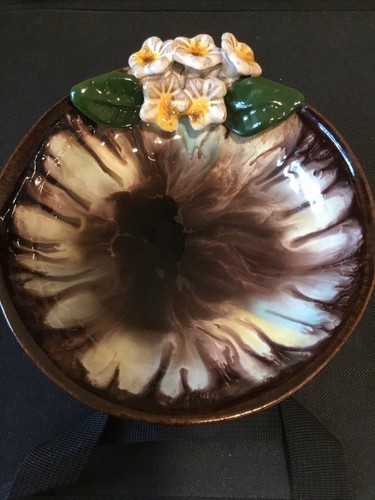 VTG Made in Austria Drip Glaze Majolica Pottery Bowl Dish W/ White Flowers 6.5”D