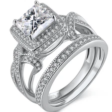 Princess Cut CZ Halo Bridal Wedding Ring Set Sterling Silver Engagement Rings