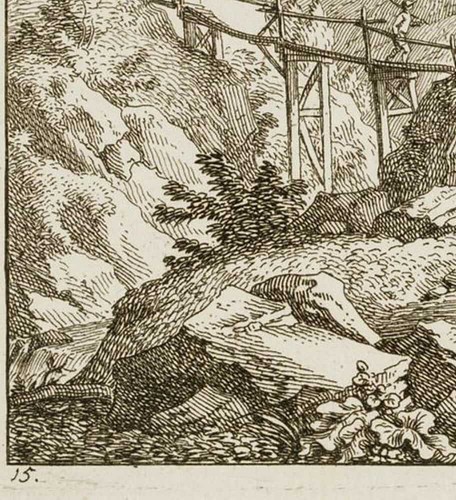 J. BULLINGER (*1713), Wanderer unterwegs vor einer Brücke, Rad. Klassizismus - Bild 6 von 7
