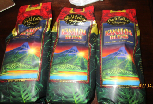 NEW LOT 3 1LB BAGS Gold Coffee Kanaloa Blend Medium Roast Ground 48 OZ 11/25/25