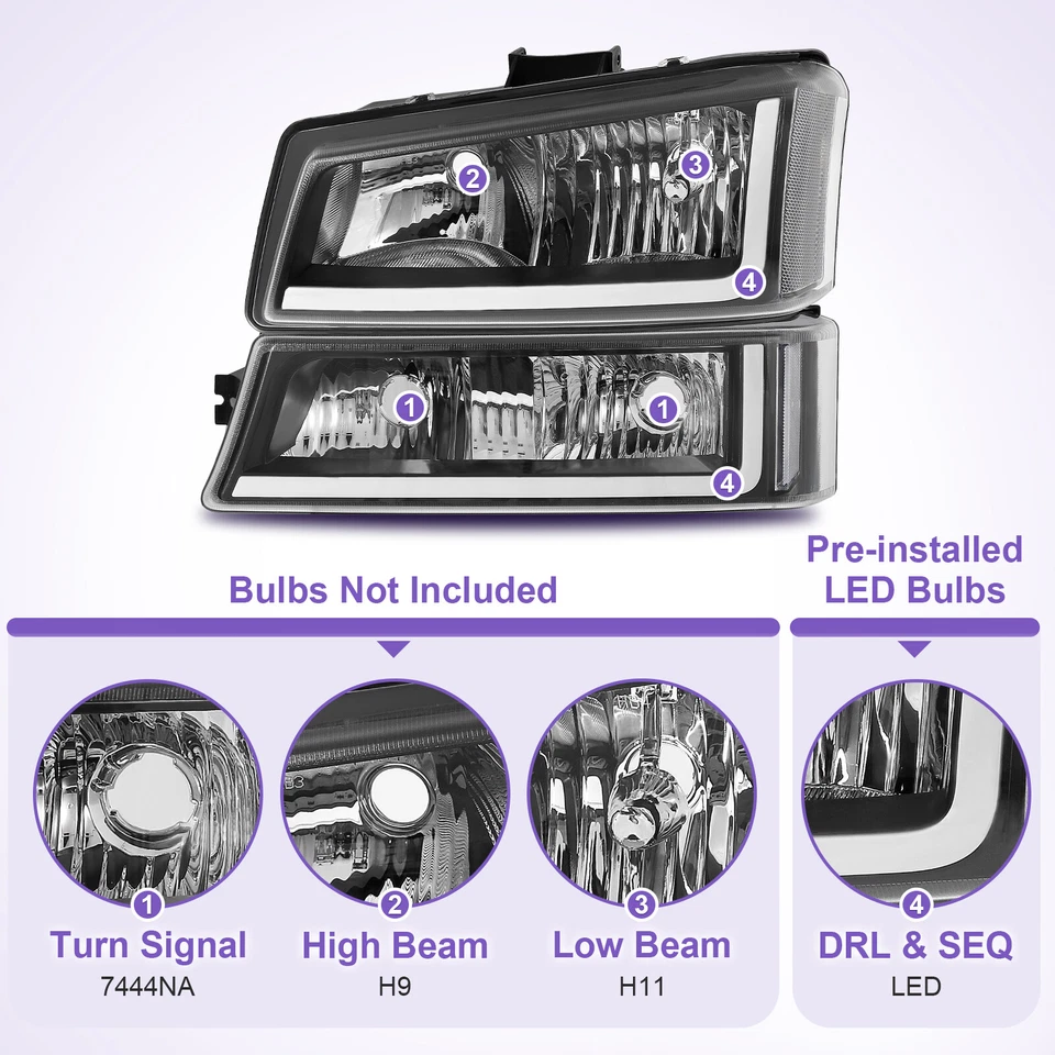 LED DRL Sequential Headlights For 2003-2007 Chevy Silverado Avalanche Left+Right Foto 4 de 4
