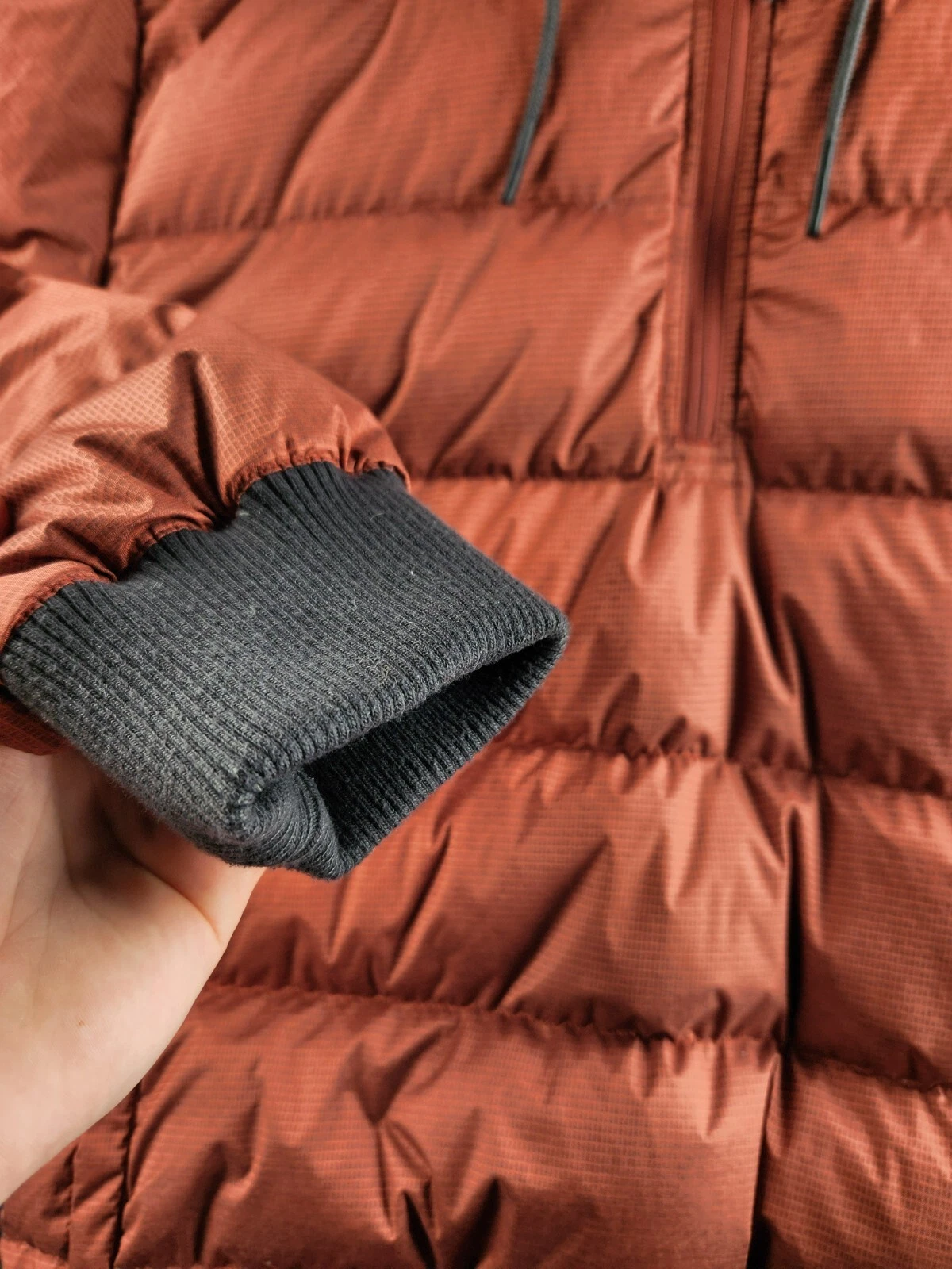 prana hooded down full pullover insulated 1/4 zip winter jacket