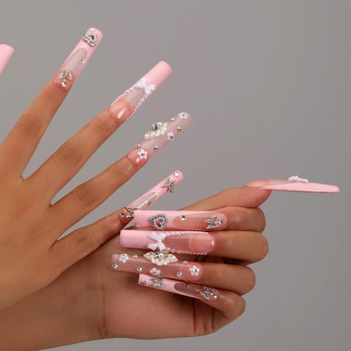 Handmade False Nail Cute Pink French Long Press on Nails for Nail Art 10pcs - Picture 25 of 35