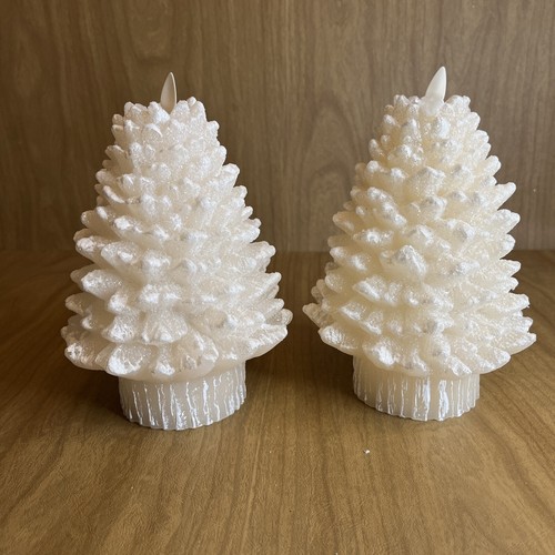 2 Martha Stewart Flameless Luminara Christmas Trees Wax Candle 8” Ivory Glitter - Picture 10 of 12