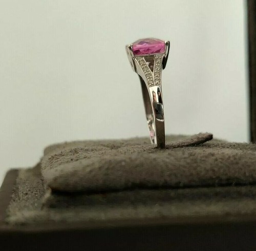 9CT Oro Blanco Corte Almohada Zafiro Rosa y Natural Diamond Anillo Talla M 1/2 - Imagen 4 de 6