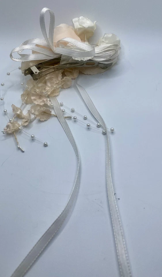 White Peach Silk Rose Flower Barrette Clip Beads Ribbon Bridal Party Prom Easter - Image 3 of 4