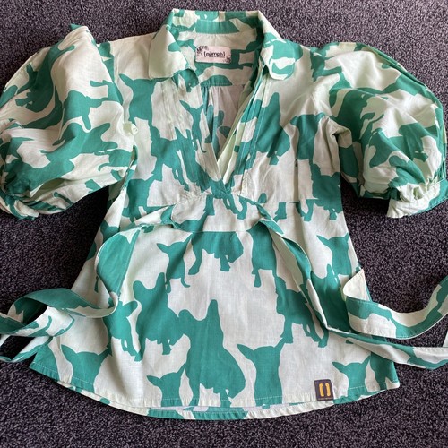 Vintage Numph tieback top / verde cane contorno cotone, maniche intere taglia 12
