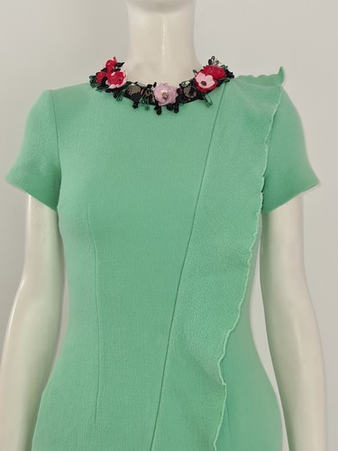 MSGM Green Pencil Dress UK 10 EU 38 Ruffle Frill Wool Floral Pin Chain Collar - Picture 15 of 20