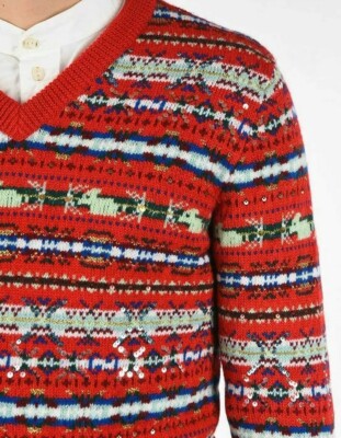 Gucci GG Printed Fair Isle Jacquard Holiday V-Neck Red Wool