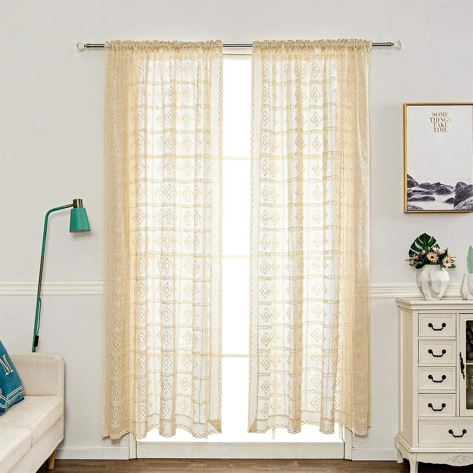Cortina de encaje de ganchillo boho vintage cortinas ventana panel granja dormitorio decoración Foto 4 de 4