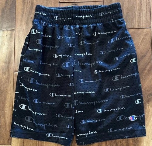 Champion Boys Black White Logo Shorts Size 5/6 All Over Print EUC
