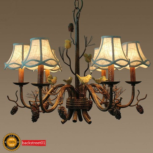 Rustic Metal Pine Cone Bird Pendant Light Fabric Lampshade Chandelier Fixtures