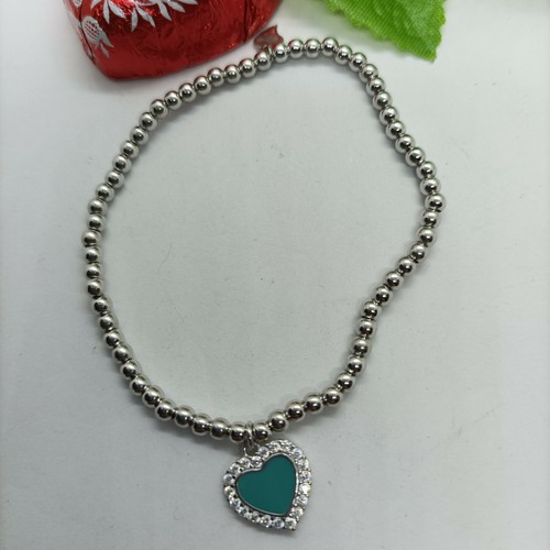 BRACCIALE CUORE  ARGENTO RODIATO SMALTATO MAGLIA SFERA MM 3 ELASTICIZZATO - Foto 1 di 3