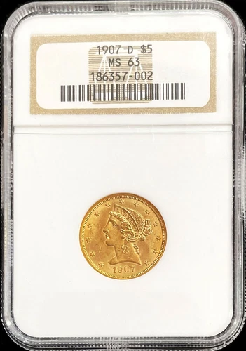 1907 D GOLD USA $5 LIBERTY HEAD HALF EAGLE COIN NGC MINT STATE 63