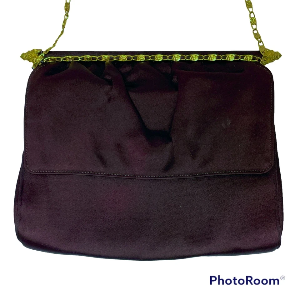 Bolsa de noite vintage anos 50 Morris Moskowitz chocolate cetim ouro corrente bolsa FLAPPER - Imagem 2 de 4