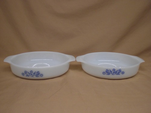 MILK GLASS BLUE CORN FLOWER CASSEROLE DISHES- 9"- 2" TALL-1 FIREKING- 1 UNMARKED - Picture 2 of 11