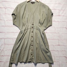 Quince Dress Womens XS Olive Vintage Wash Tencel Button Front Tie Waist Pockets