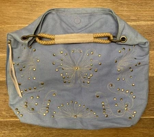 NWT NORDSTROM Canvas Hobo Tote Bag In Blue, Embellished Brass Studs Swirl Design